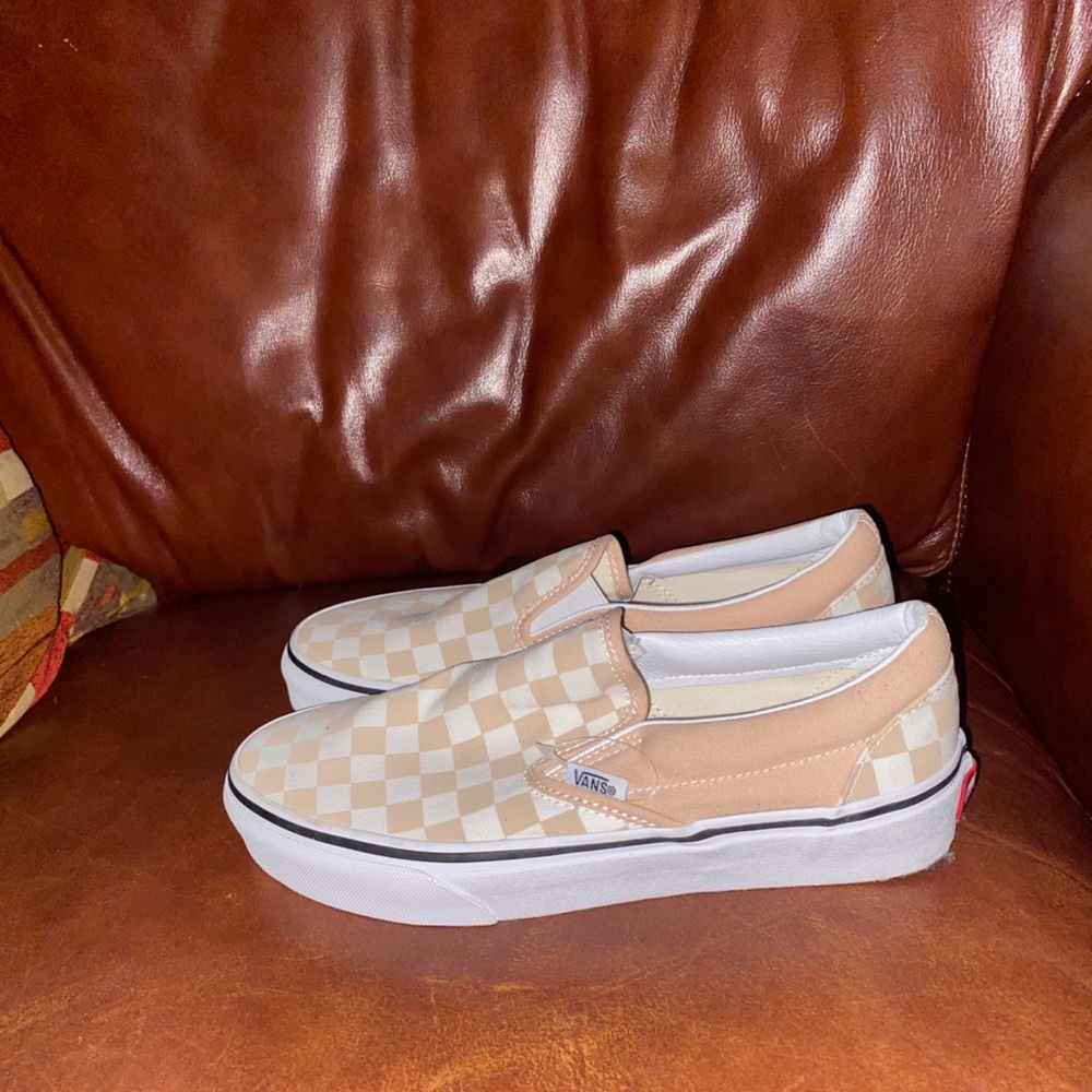 Vans Beige and White Checkered Slip-Ons